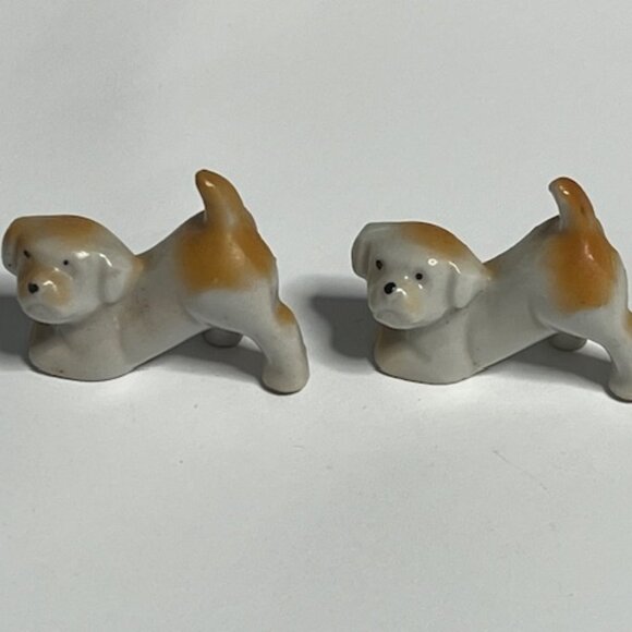 TWO Miniature Vintage White/Brown Puppies Porcelain Figurines 1.6" - Picture 7 of 11